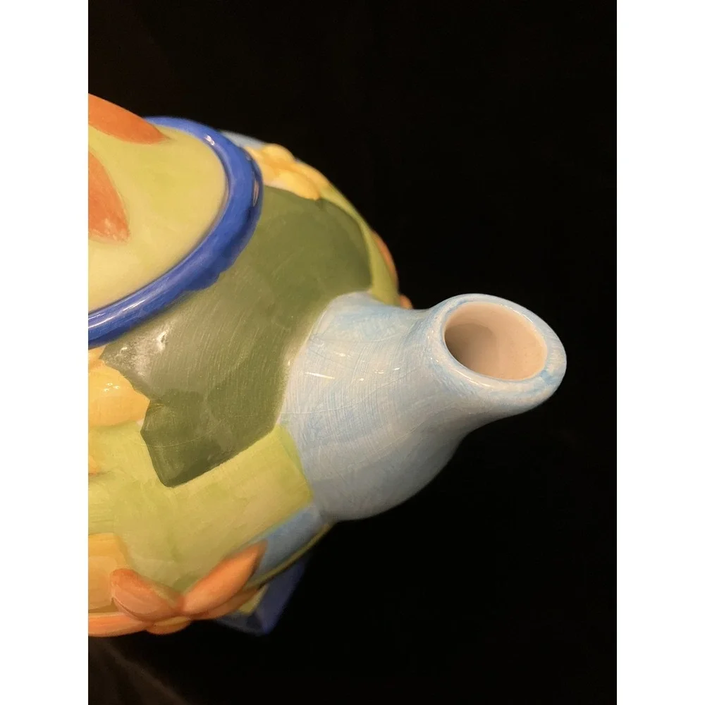 VTG Oneida China Hand Painted Country Style Blue Yellow Orange Floral Teapot